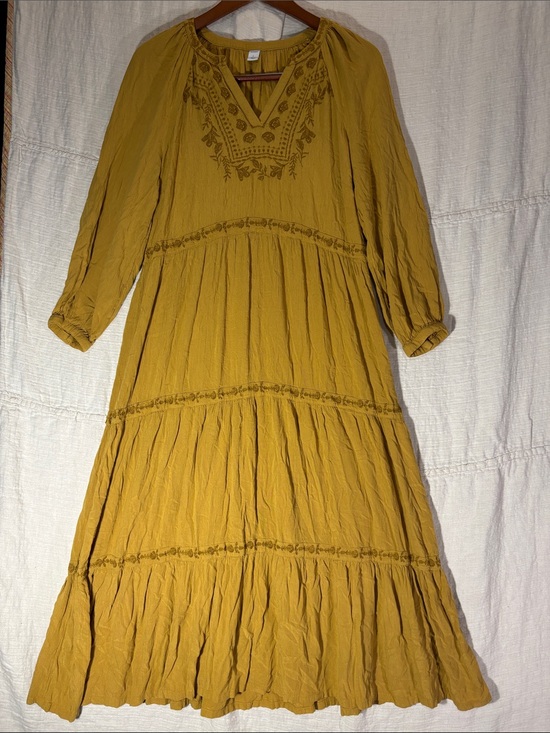 Old Navy Dresses & Skirts - Old Navy Mustard Yellow Embroidered Tiered Maxi Dress Boho Peasant Fall L EUC